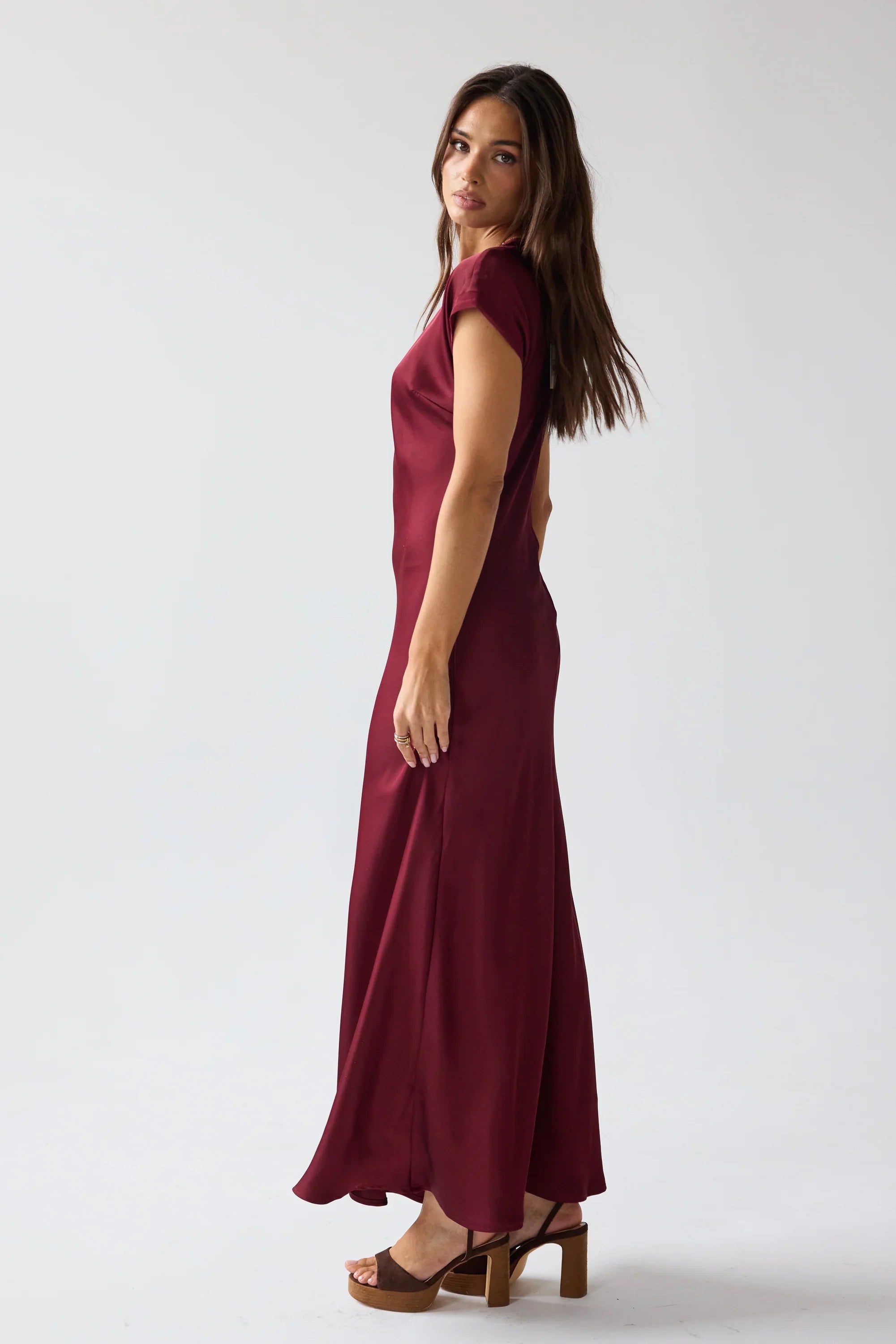 Hanna Satin Maxi Dress in Burgundy