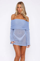 Can't Leave Me Long Sleeve Boucle Mini Dress Cornflower Blue